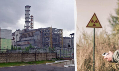 Left: large industrial plant behind a fence, with tall chimneys; right: person holds a handheld radiation detector near a radiation sign.