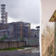 Left: large industrial plant behind a fence, with tall chimneys; right: person holds a handheld radiation detector near a radiation sign.