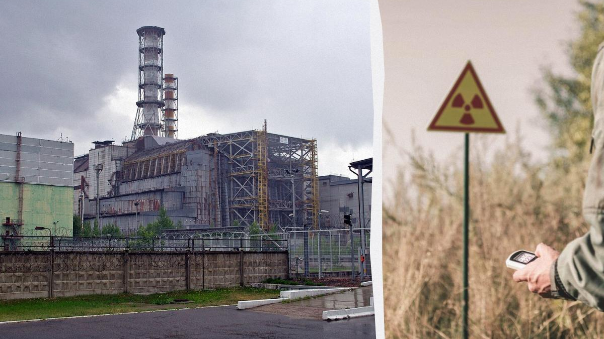 Left: large industrial plant behind a fence, with tall chimneys; right: person holds a handheld radiation detector near a radiation sign.
