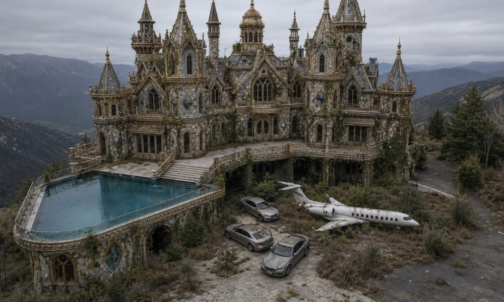Abandoned castle-like mansion with ivy, stone towers, and a pool, set on a hillside with several cars and a wrecked small jet nearby