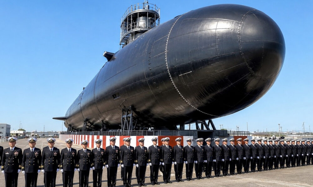 A row of sailors in dress uniforms standing at attention in front of a huge black submarine on a sunny tarmac.