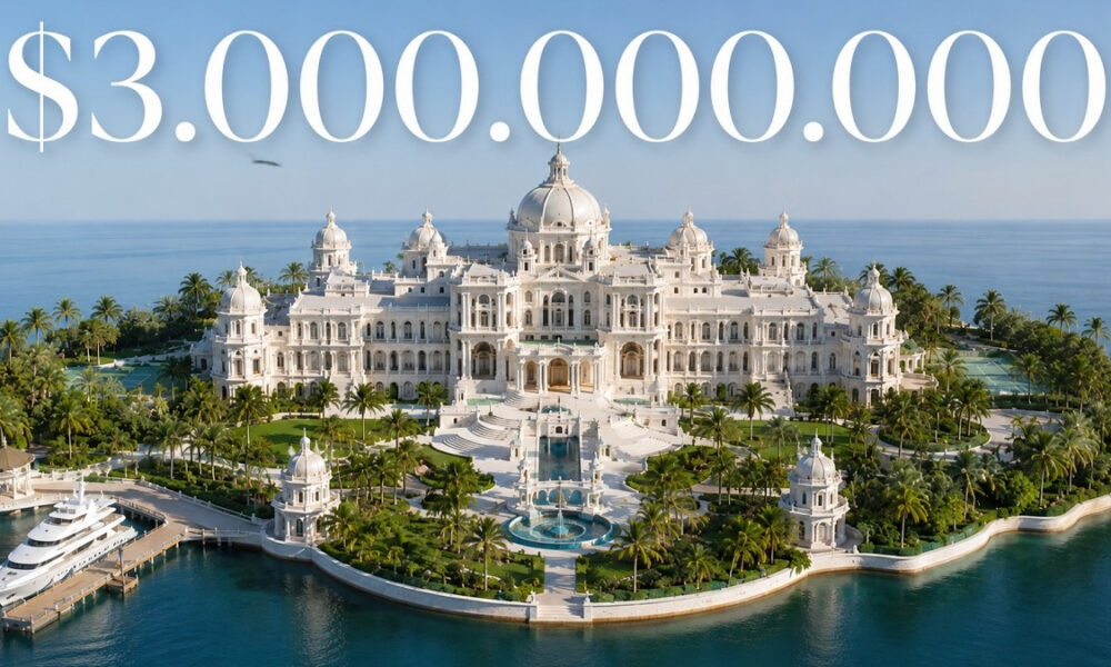 Luxurious white palace on a private island with palm trees; large caption reads $3,000,000,000 signaling a multi‑billion dollar property.