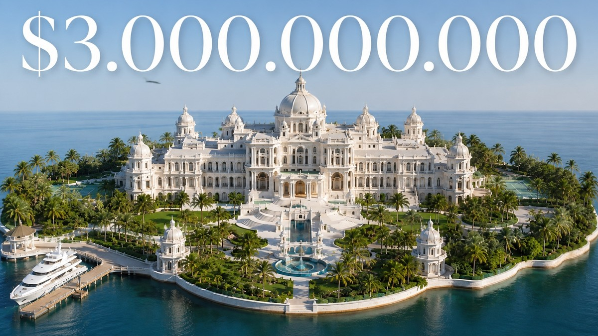 Luxurious white palace on a private island with palm trees; large caption reads $3,000,000,000 signaling a multi‑billion dollar property.