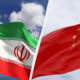 Split image with the Iranian flag on the left and the Chinese flag on the right, both waving in the wind on flagpoles.