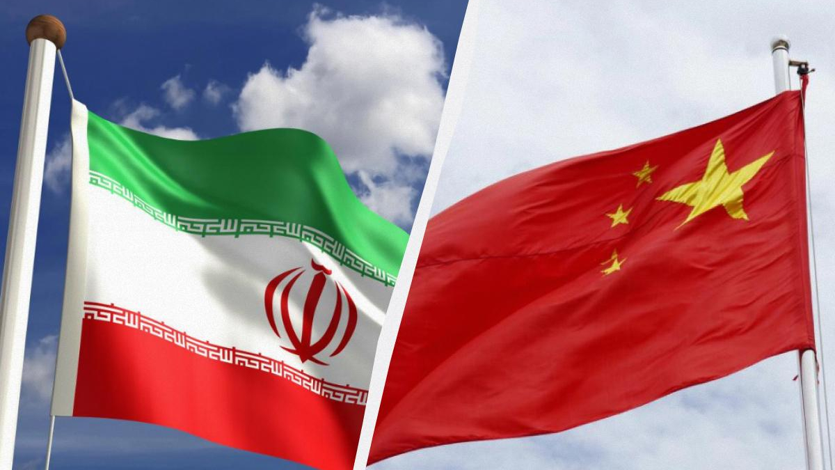 Split image with the Iranian flag on the left and the Chinese flag on the right, both waving in the wind on flagpoles.