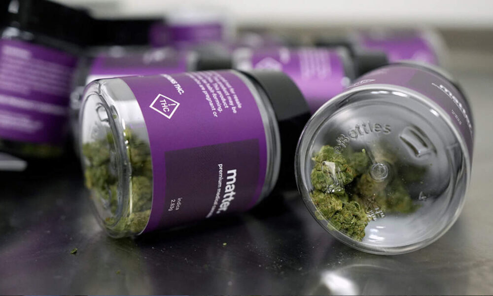 Cannabis buds in a clear glass jar with purple-labeled containers in the background on a metal surface.