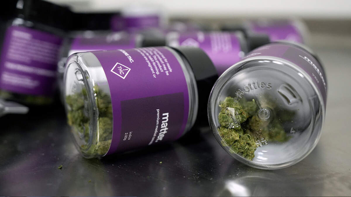 Cannabis buds in a clear glass jar with purple-labeled containers in the background on a metal surface.