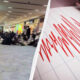 Crowded shopping mall floor with people crouching, next to a seismograph showing jagged red lines indicating shaking.