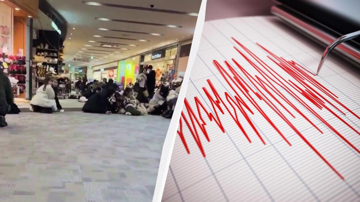 Crowded shopping mall floor with people crouching, next to a seismograph showing jagged red lines indicating shaking.