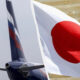 Split image showing an airplane landing on the left and the Japanese flag waving on the right.