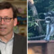 Left: man in suit and glasses speaking, with a woman in the background. Right: gray raccoon perched on a wooden railing in a garden.