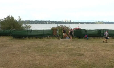 People walk along a grassy area beside a lake, with a green fence and shrubbery in the background and a distant city across the water.