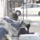 Urban sidewalk with makeshift tents and people sitting among barricades beside parked cars.