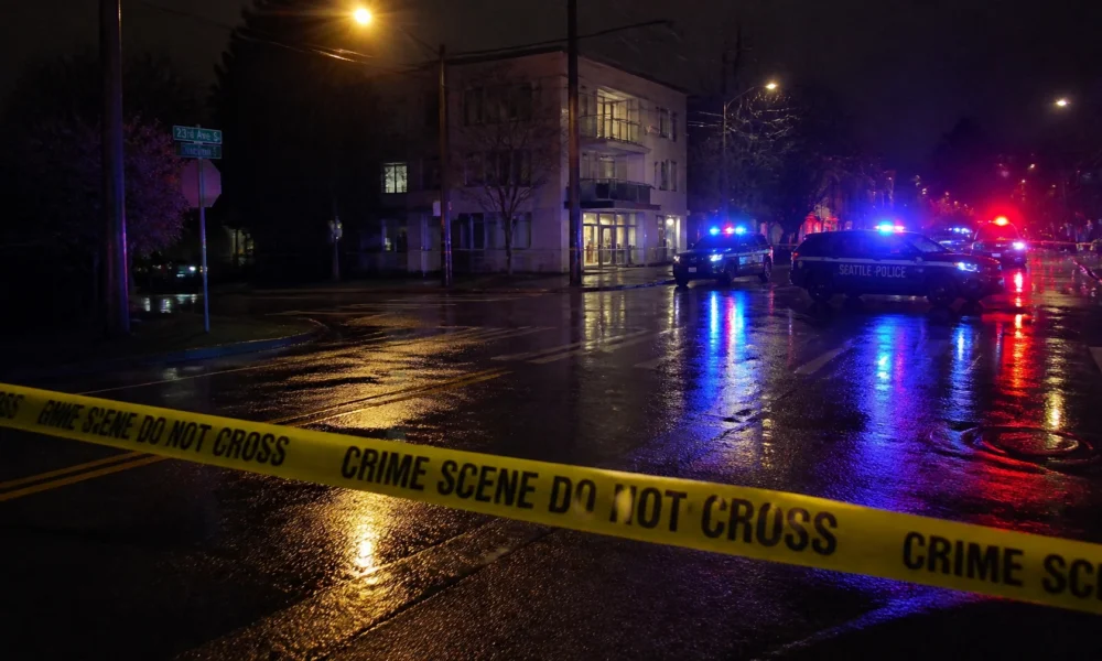 Night street at night with police cars flashing blue and red lights; yellow 'CRIME SCENE DO NOT CROSS' tape across the wet road and cordoned area in the foreground.