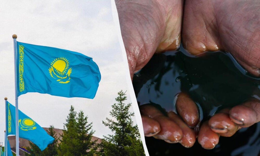 Kazakhstan flags waving beside trees on the left, and hands cupping dark water on the right.