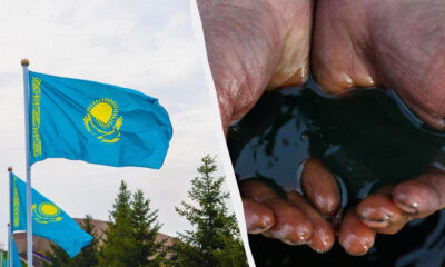 Kazakhstan flags waving beside trees on the left, and hands cupping dark water on the right.