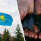 Kazakhstan flags waving beside trees on the left, and hands cupping dark water on the right.