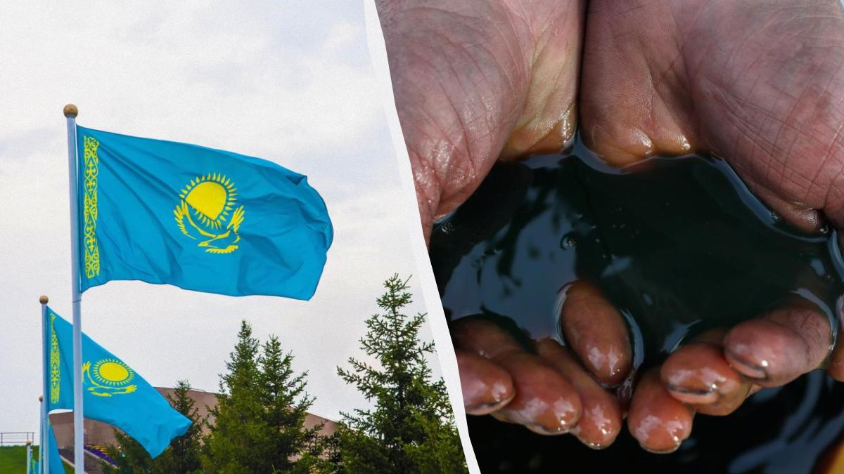 Kazakhstan flags waving beside trees on the left, and hands cupping dark water on the right.