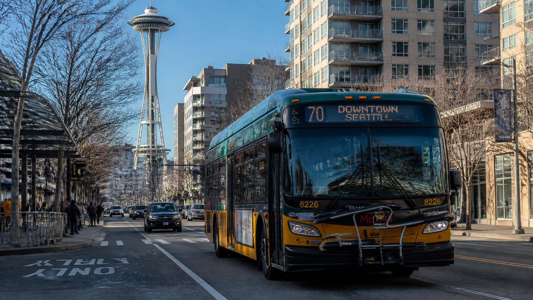 Green and yellow Seattle city bus on a street with the Space Needle and modern apartment buildings in the background, route 70 to Downtown Seattle visible on the bus front.