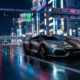 Silver sportscar with flame graphics cruising a neon-lit, rain-soaked city street at night, reflections on wet pavement.