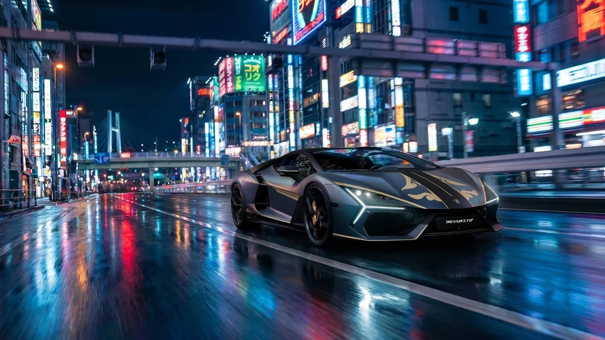 Silver sportscar with flame graphics cruising a neon-lit, rain-soaked city street at night, reflections on wet pavement.