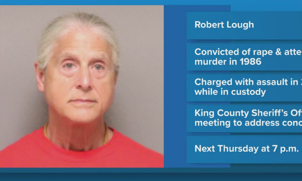 Mugshot-style portrait of an older woman with gray hair in a red shirt, beside a blue news ticker with crime headlines on a broadcast layout.