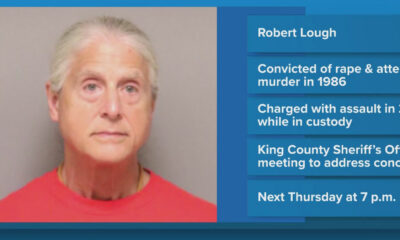 Mugshot-style portrait of an older woman with gray hair in a red shirt, beside a blue news ticker with crime headlines on a broadcast layout.
