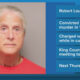 Mugshot-style portrait of an older woman with gray hair in a red shirt, beside a blue news ticker with crime headlines on a broadcast layout.