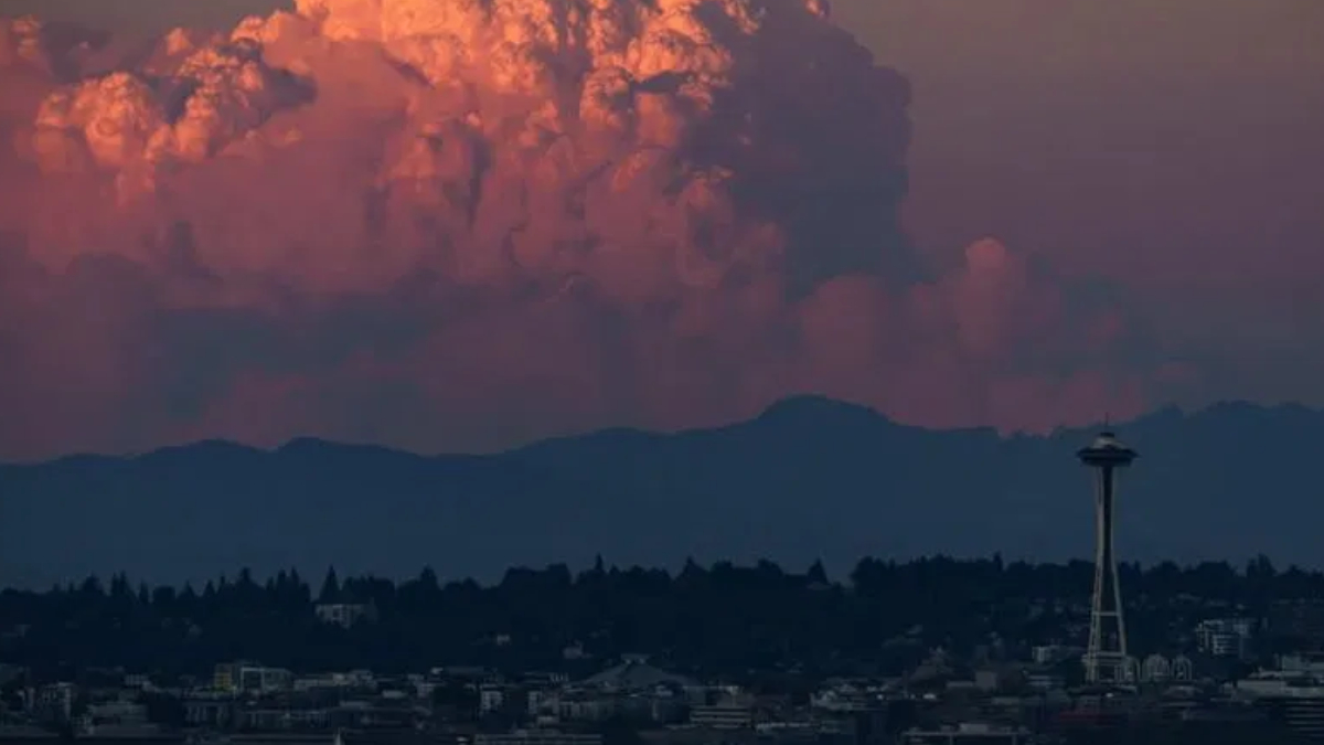 Seattle skyline at dusk with Space Needle against pink-orange clouds and distant hills, city lights below.