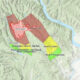 Emergency evacuation map for a wildfire area with color-coded zones: green Level 1, yellow Level 2, red Level 3 around Little Giant and Chelar Mountains near the river.