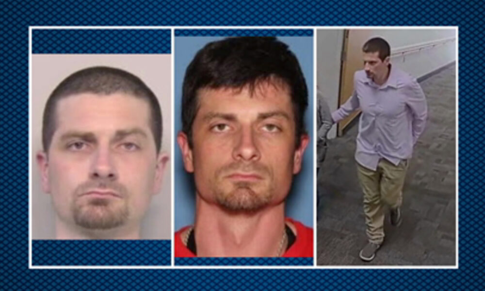 Three-panel collage: mugshot of a clean-shaven man, mugshot of a man with stubble, and a man in a light shirt walking down a hallway.