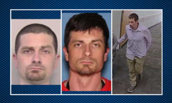 Three-panel collage: mugshot of a clean-shaven man, mugshot of a man with stubble, and a man in a light shirt walking down a hallway.