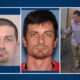 Three-panel collage: mugshot of a clean-shaven man, mugshot of a man with stubble, and a man in a light shirt walking down a hallway.