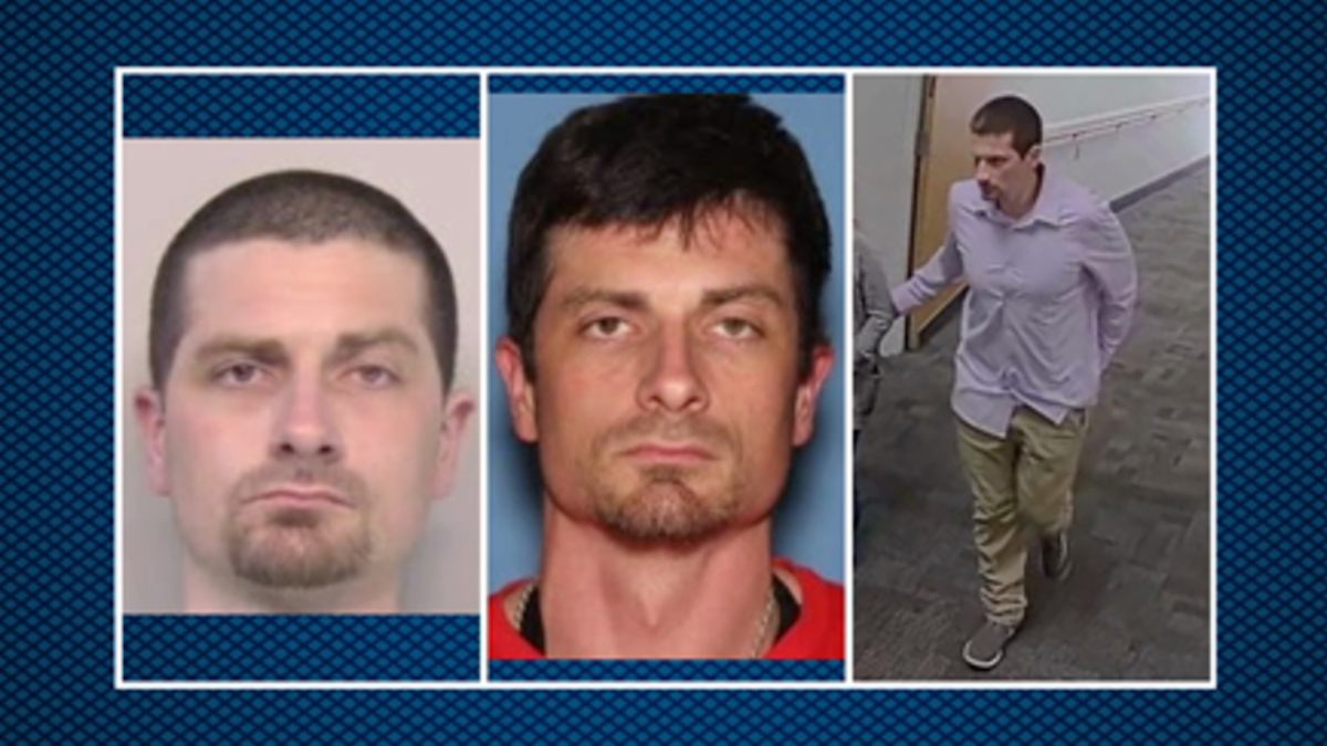 Three-panel collage: mugshot of a clean-shaven man, mugshot of a man with stubble, and a man in a light shirt walking down a hallway.
