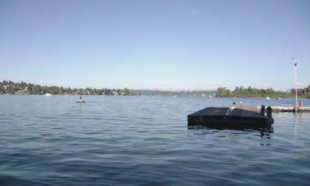Calm lake scene with a wooden dock on the right and a paddleboarder in the distance, shore lined with trees and houses under a clear blue sky.
