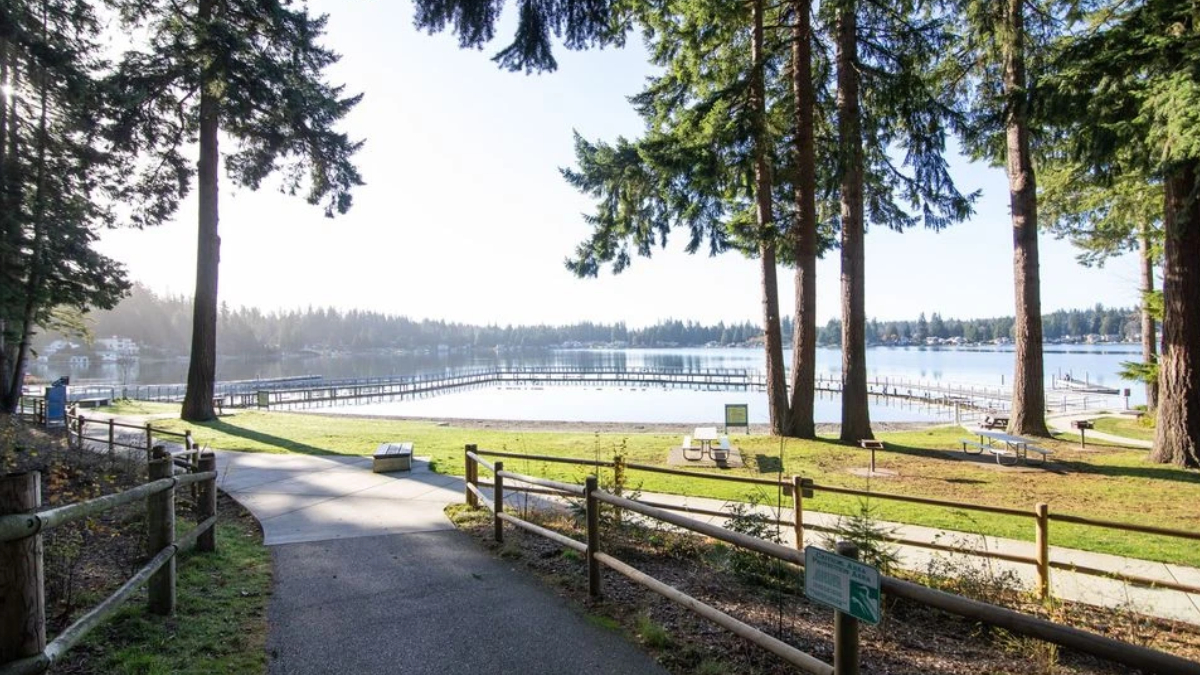 Sunlit lakeside park with a paved path, wooden fence, and tall trees, overlooking a calm lake with a long wooden pier.