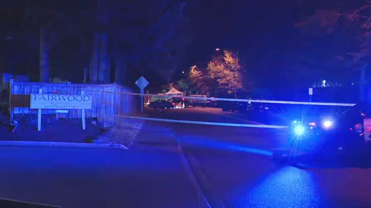 Nighttime police scene with taped-off street, blue emergency lights flashing, and a 'FAIRWOOD' sign on the left.