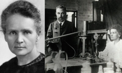 Collage: left, a close-up portrait of a woman; right, two people at a vintage workshop with a large mechanical device and tools in use.