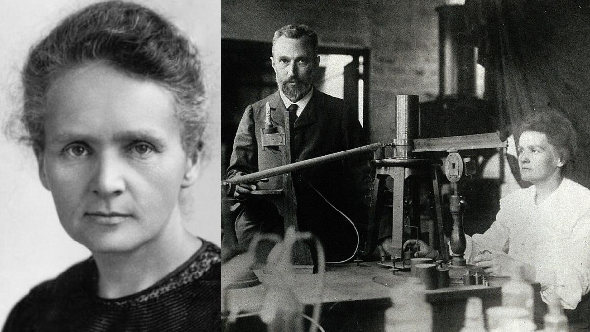 Collage: left, a close-up portrait of a woman; right, two people at a vintage workshop with a large mechanical device and tools in use.