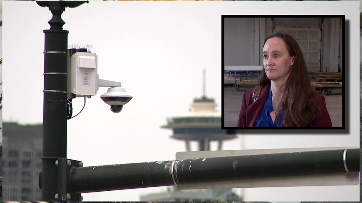 Surveillance camera on a street pole with a framed inset of a woman being interviewed outdoors.