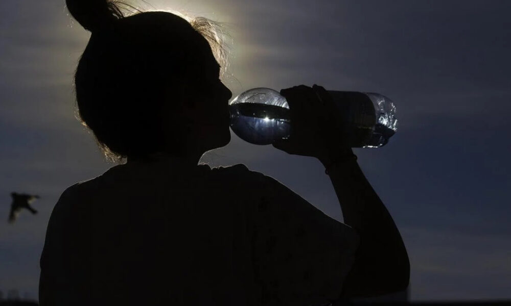 Silhouette of a person drinking from a water bottle outdoors at sunset, with a distant bird in the sky.