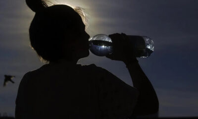 Silhouette of a person drinking from a water bottle outdoors at sunset, with a distant bird in the sky.