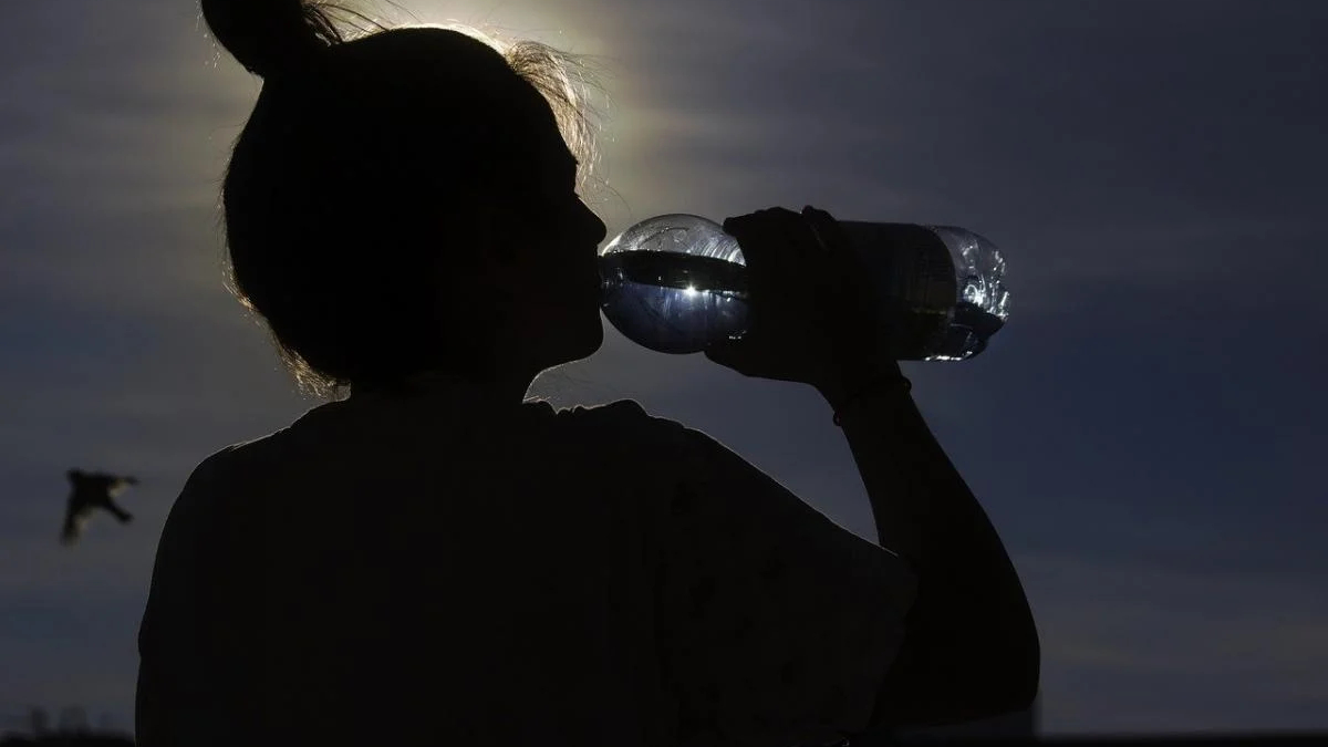 Silhouette of a person drinking from a water bottle outdoors at sunset, with a distant bird in the sky.