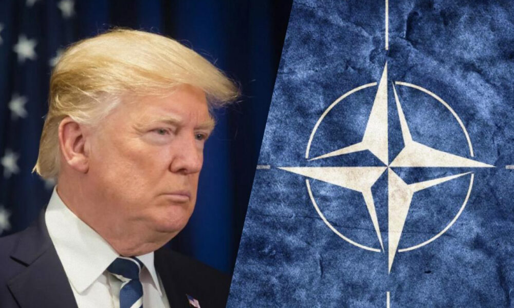 Split image of former President Donald Trump on the left and the NATO emblem on the right.