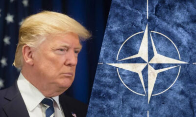 Split image of former President Donald Trump on the left and the NATO emblem on the right.