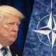 Split image of former President Donald Trump on the left and the NATO emblem on the right.
