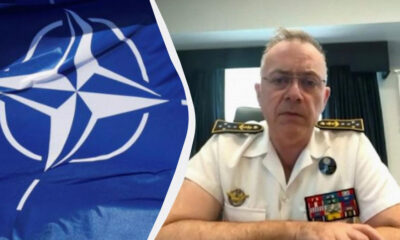 Split image: NATO flag on the left and a senior naval officer in white dress uniform on the right.