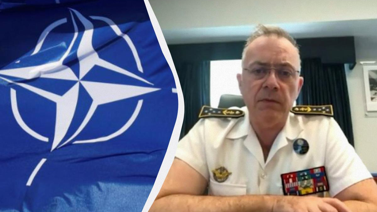 Split image: NATO flag on the left and a senior naval officer in white dress uniform on the right.