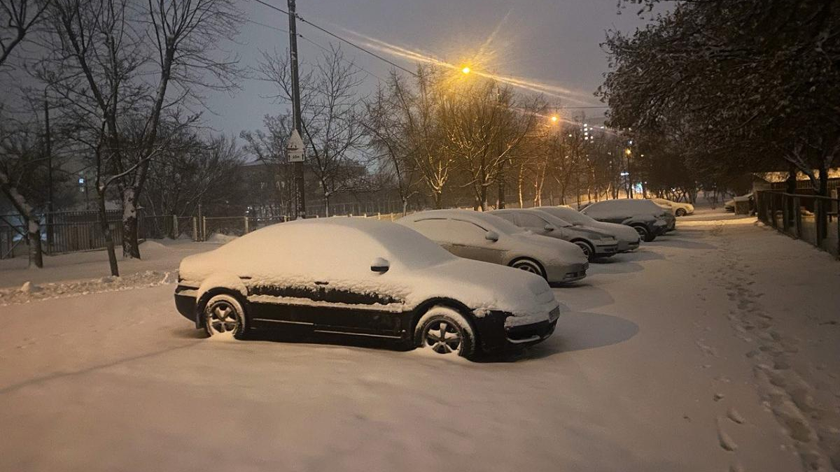 Nighttime street scene with a row of cars covered in fresh snow and glowing streetlights above.