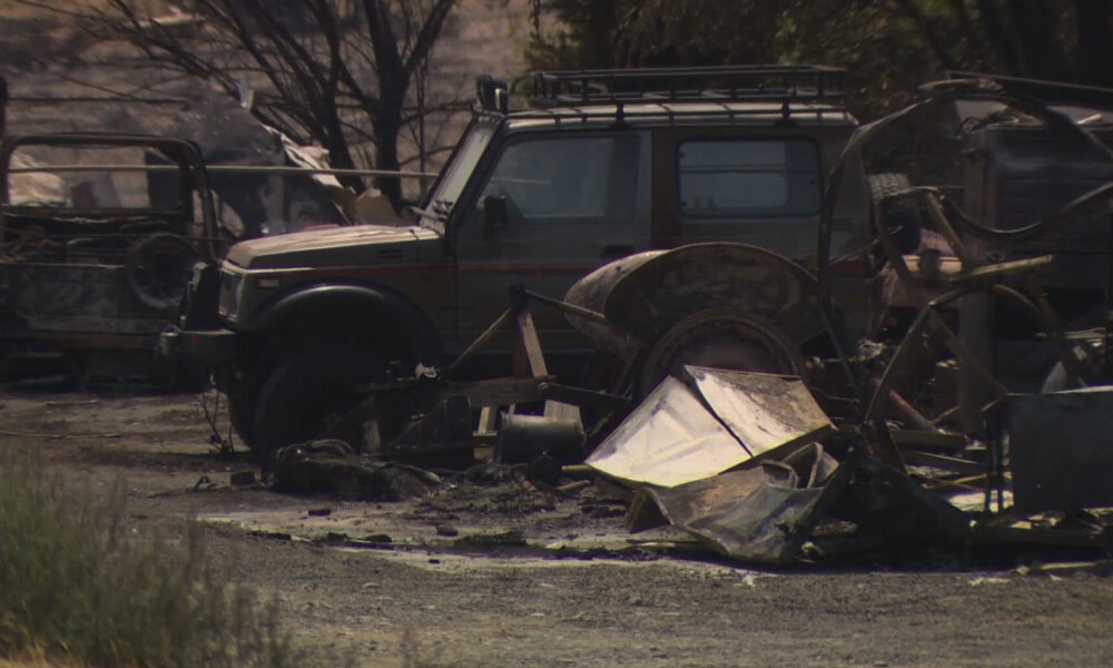 Burned vehicles and scattered debris in a scorched lot after a blaze; a damaged SUV sits among charred wreckage and rusty metal remains.
